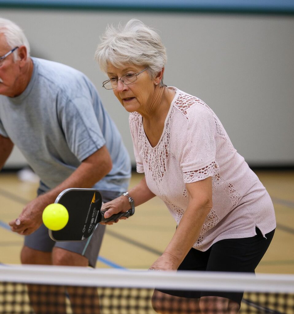 senior woman and man playing pickleball indoors