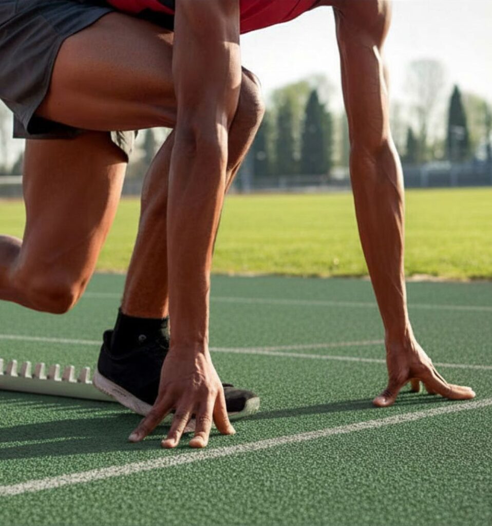 person in start position on running track