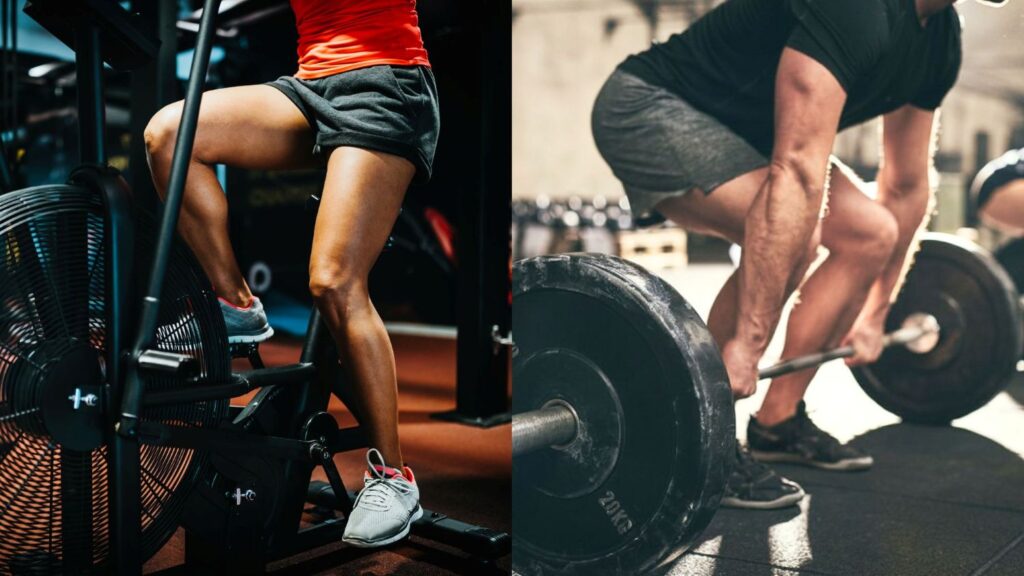 woman on cardio airbike and man doing a barbell deadlift