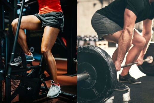 woman on cardio airbike and man doing a barbell deadlift