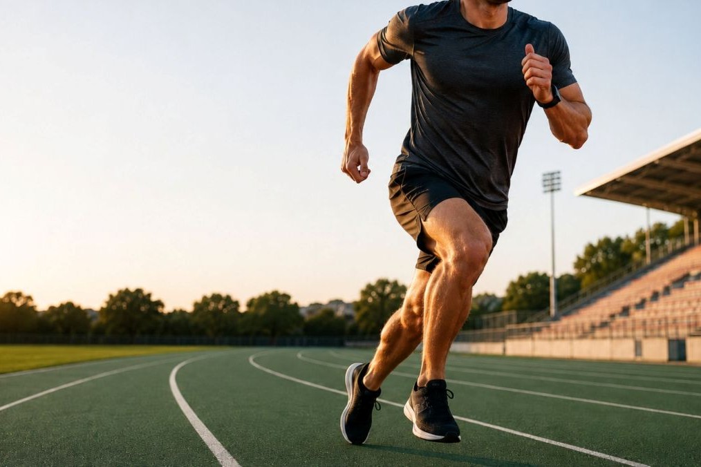 man running on athletics track