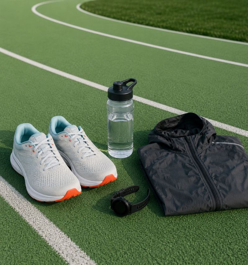 trainers, a water bottle, a smart watch and a running jacket on an athletics track