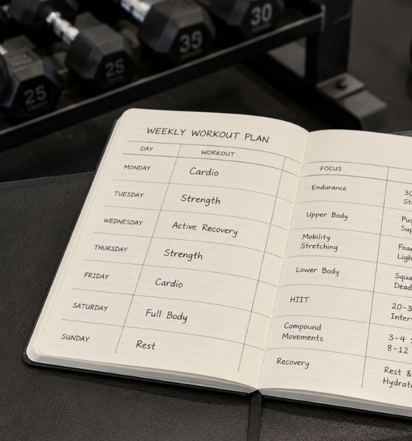 weekly workout planner on gym bench in gym