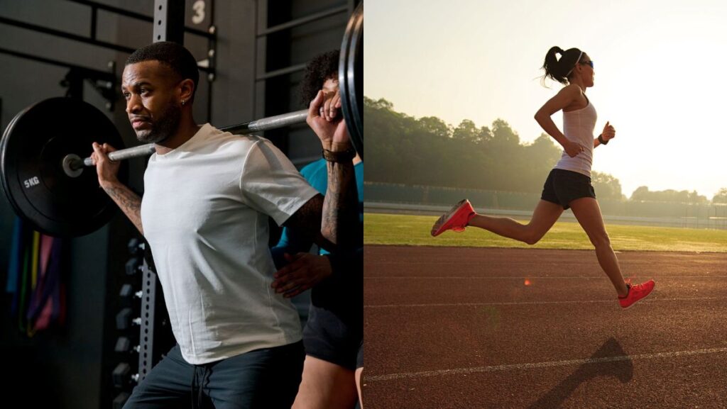 man squatting in gym at a squat rack next to an image of a woman on a running track