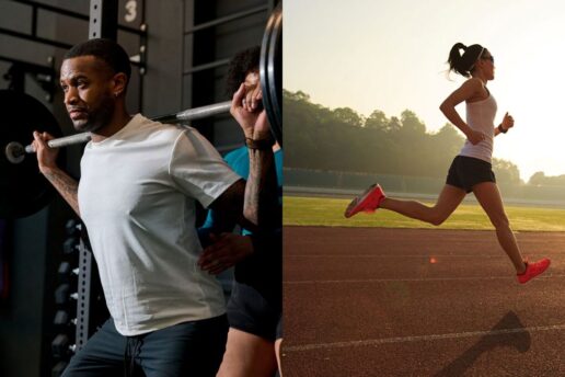 man squatting in gym next to an image of a woman on a running track
