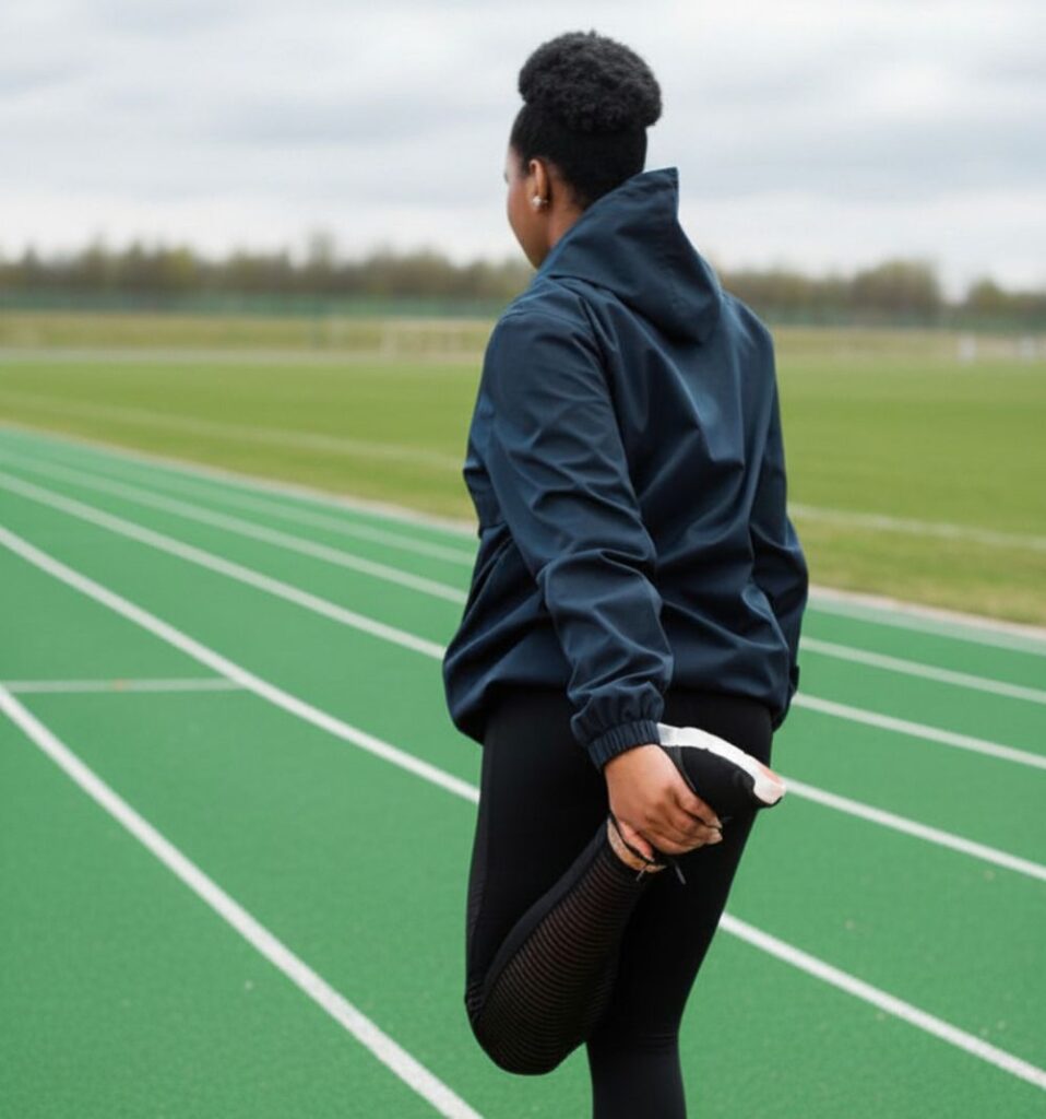 woman stretching on an athletics track