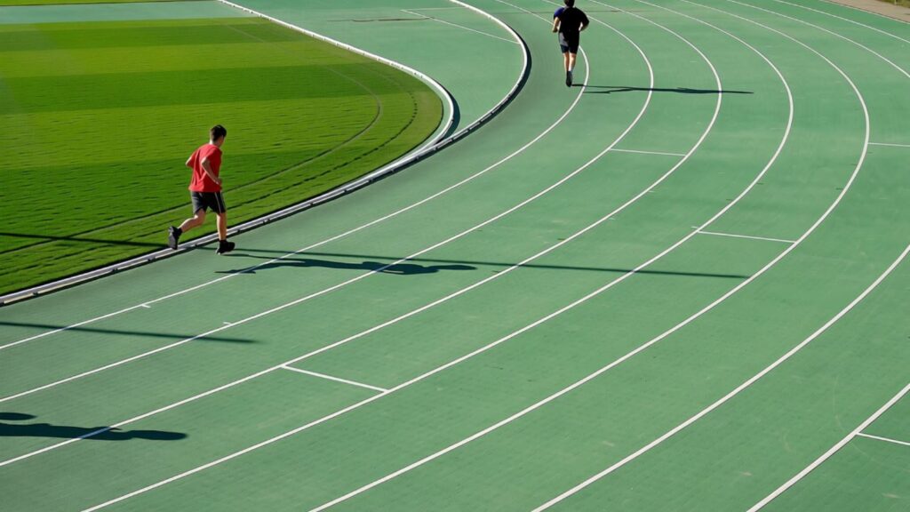two people running on a running track